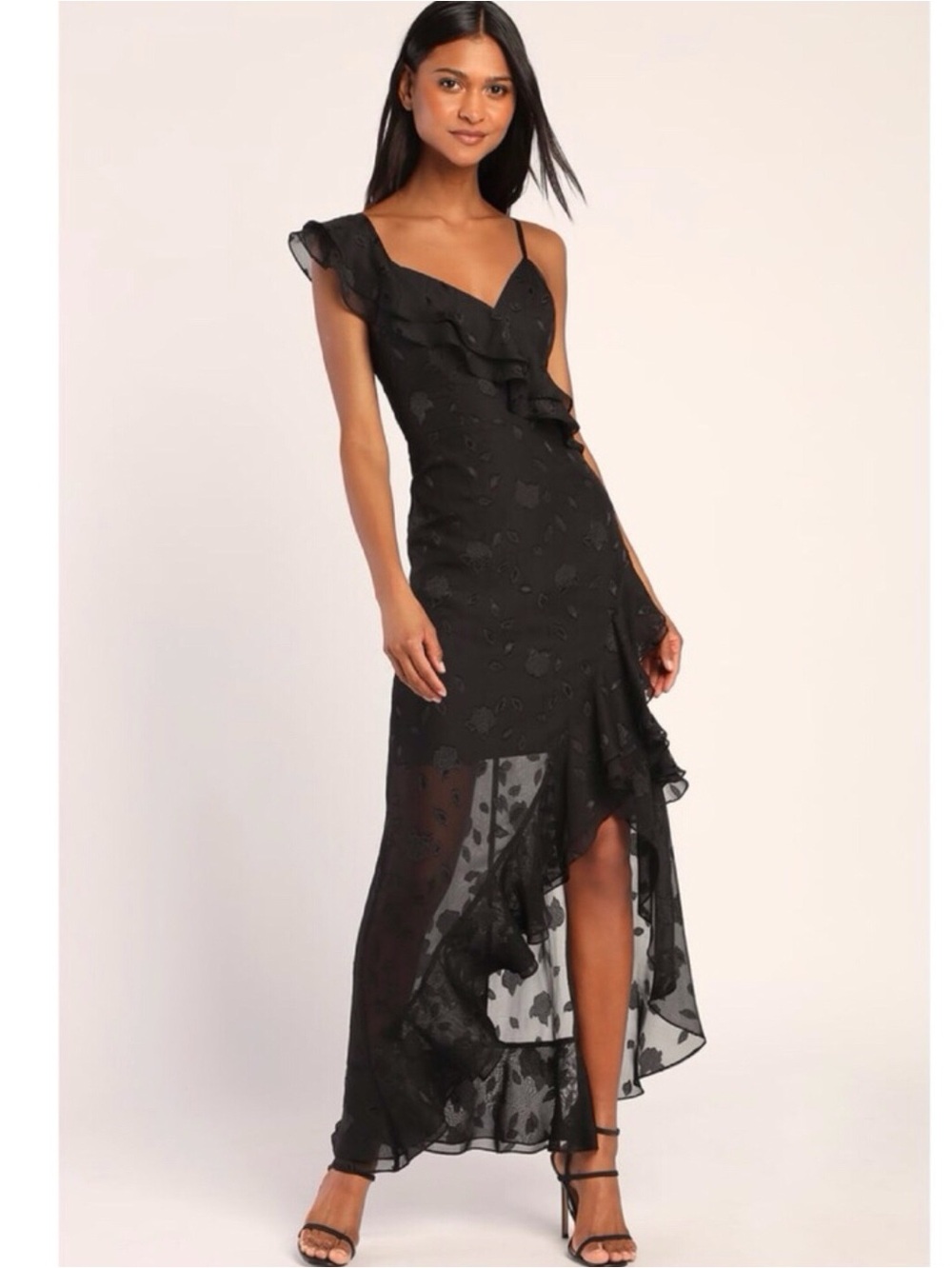 Lulus X-Small Forever Be Black Floral Jacquard Ruffle Dress Cocktail Party